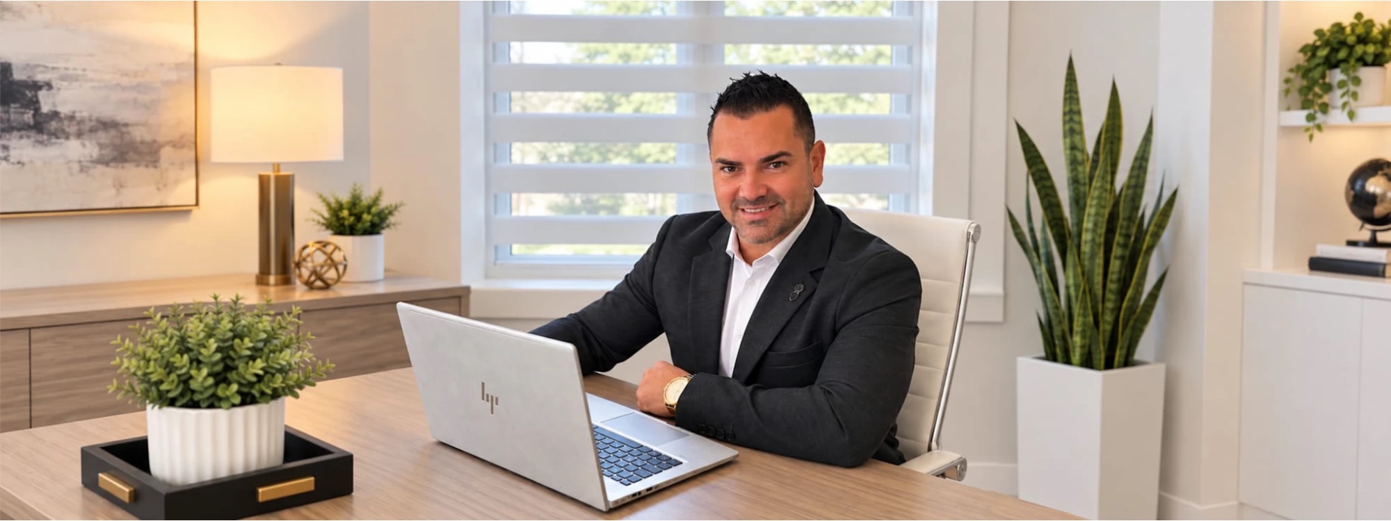 Jason Thomas à son bureau, sourire et ordinateur portable
