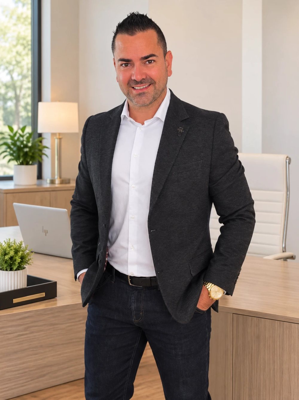 Jason Thomas, conseiller en sécurité financière, debout dans son bureau